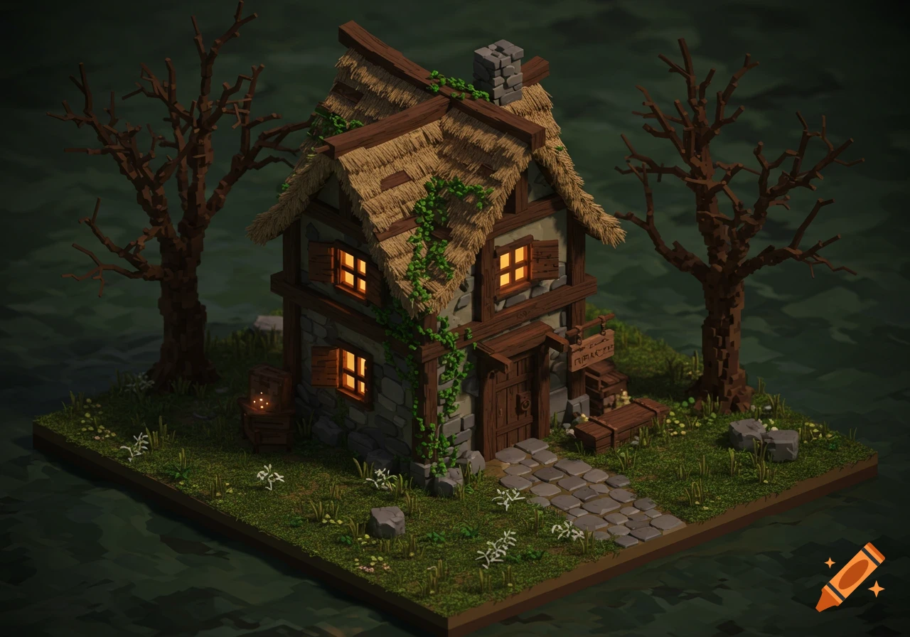A charming old voxel art village house with a thatched roof and glowing windows, surrounded by bare trees and lush green grass on a murky background.