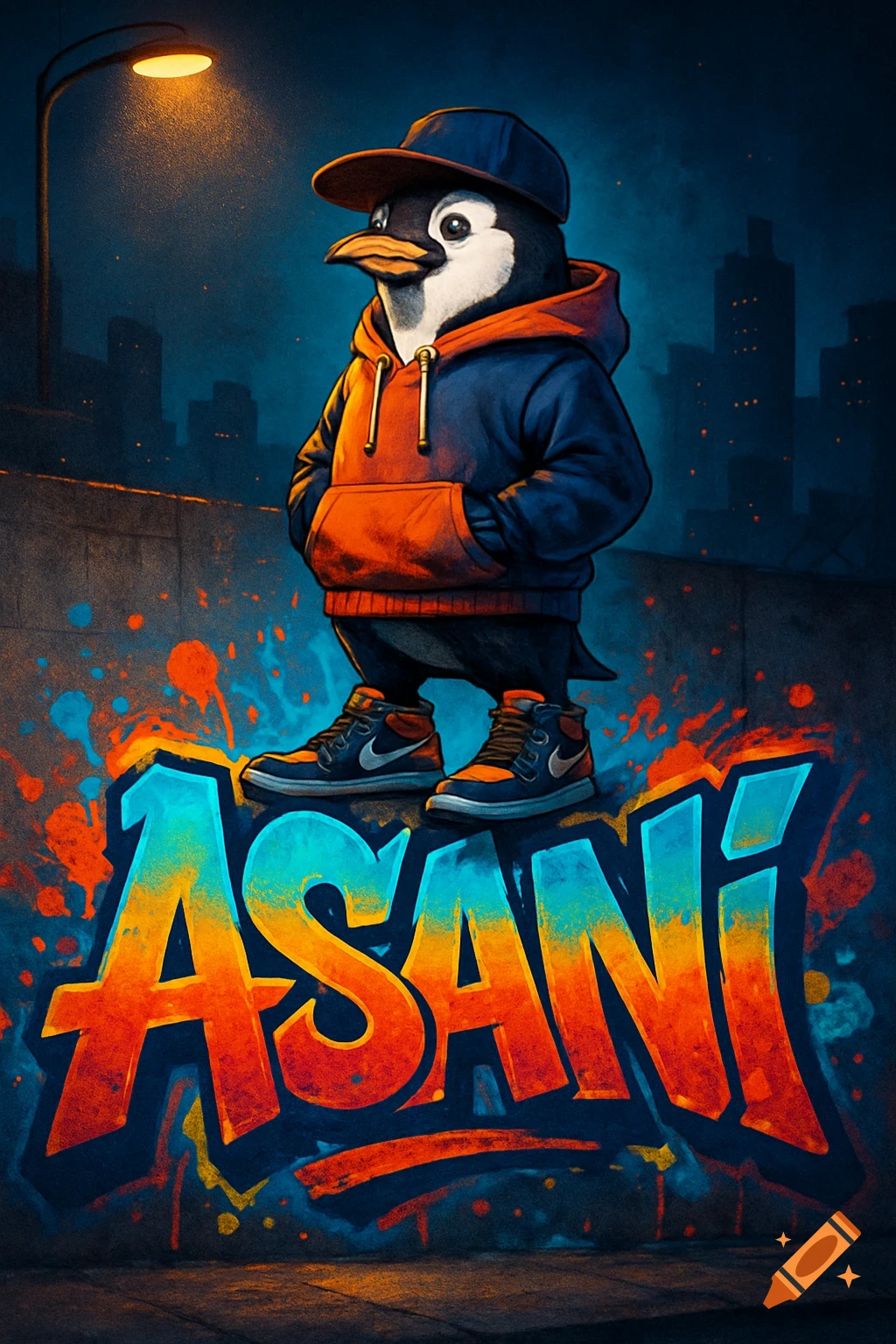 A cartoon penguin in a baseball cap and hoodie stands on colorful graffiti spelling 'ASANI' with a city street at night in the background.