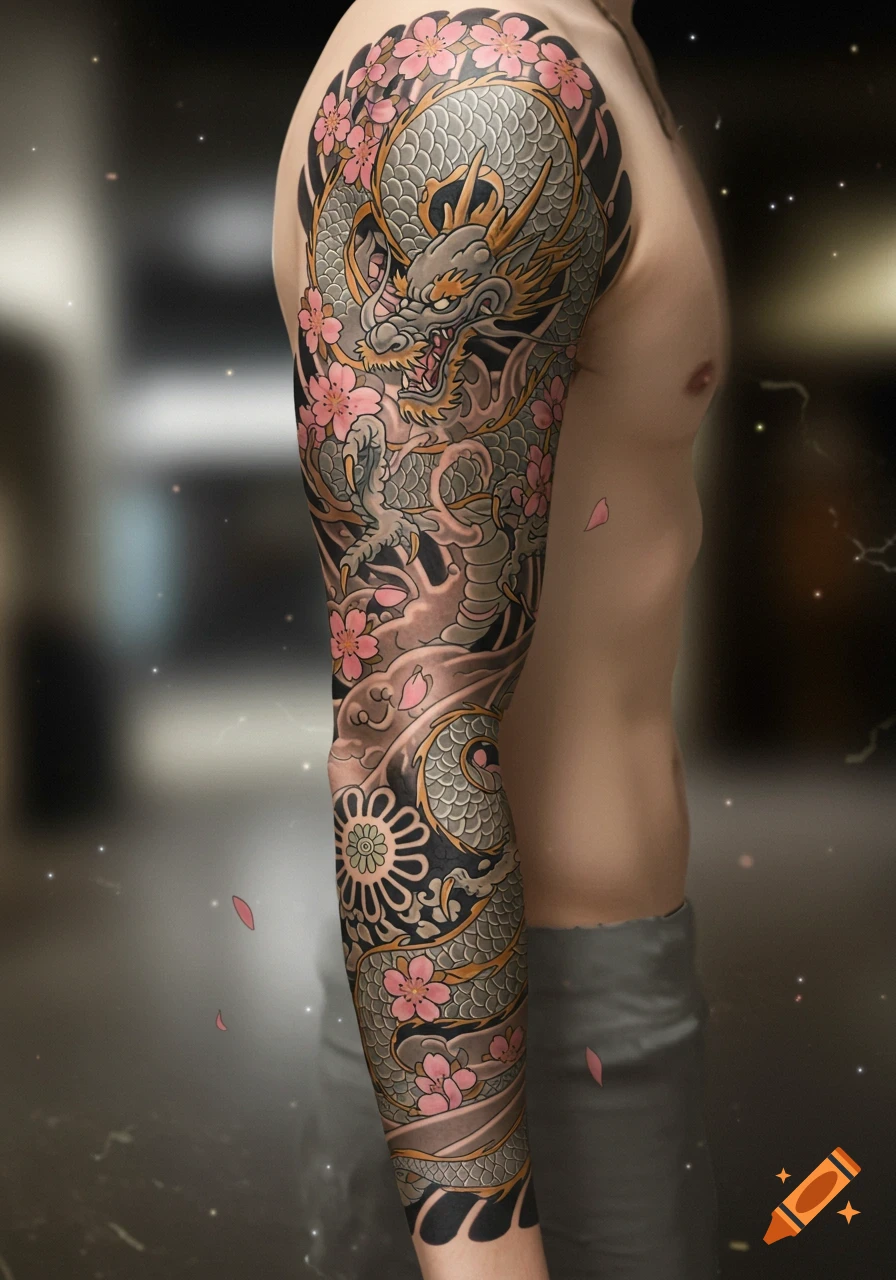 Photorealistic full sleeve Japanese tattoo on a man's arm, featuring a grey dragon, pink cherry blossoms, and waves.