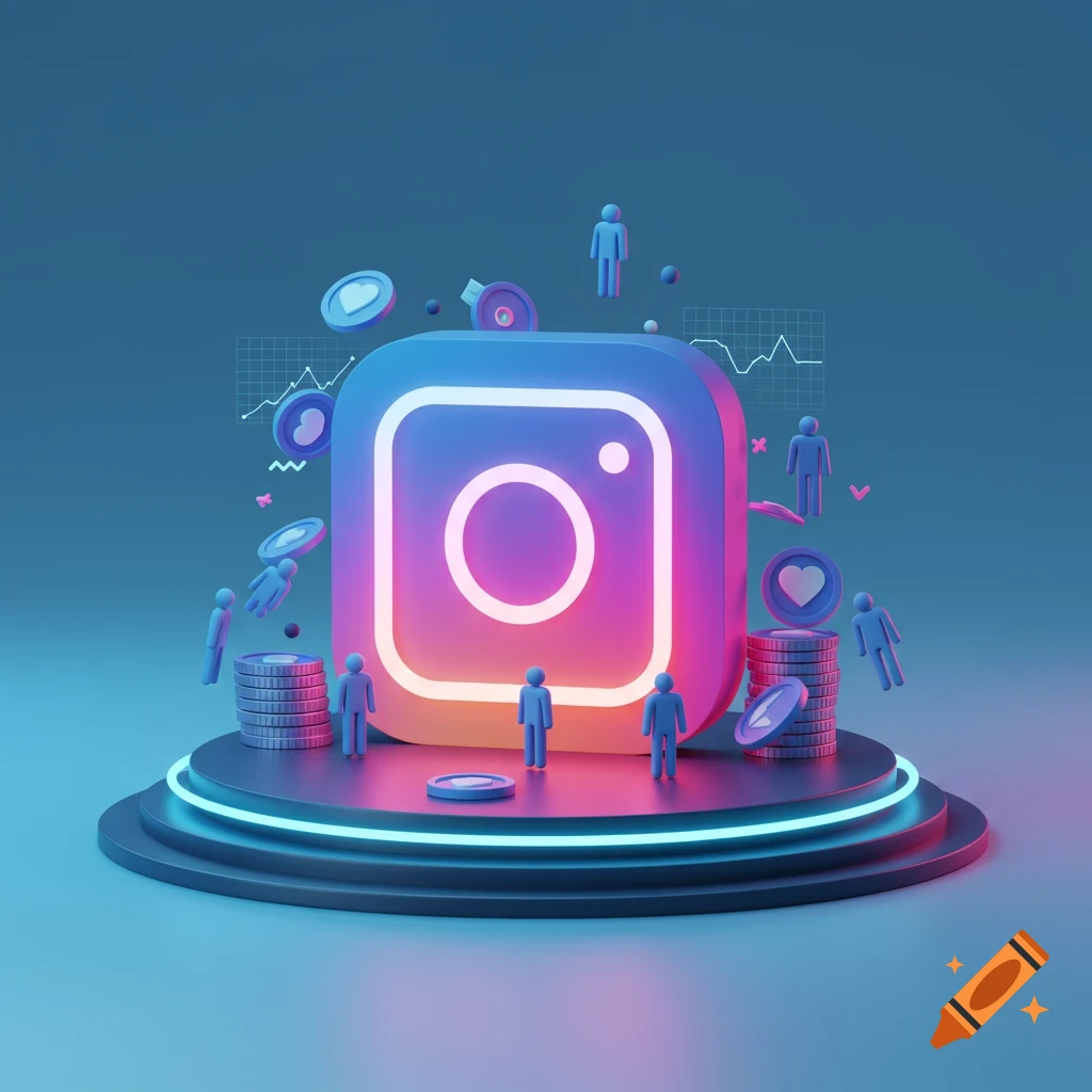 A glowing 3D Instagram logo on a futuristic platform, surrounded by small stylized human figures and coins, symbolizing social media growth and value.