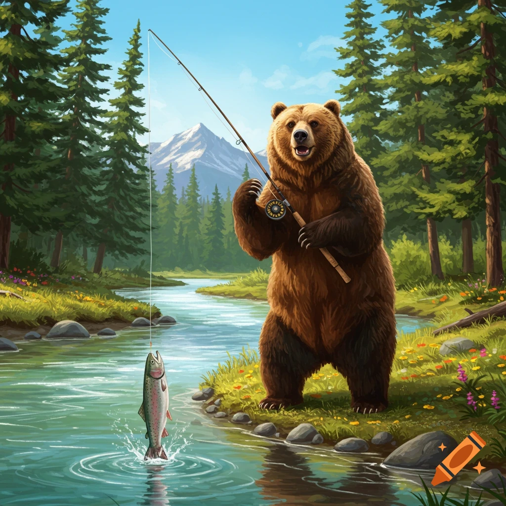 A brown bear holding a fishing rod with a fish on the line jumping from a river, surrounded by a vibrant forest and mountains, illustration.