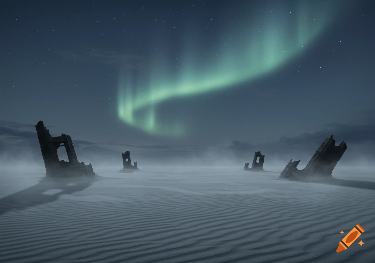 Green aurora borealis arcs over a vast, misty sandy plain dotted with ancient, crumbling ruins under a starry night.