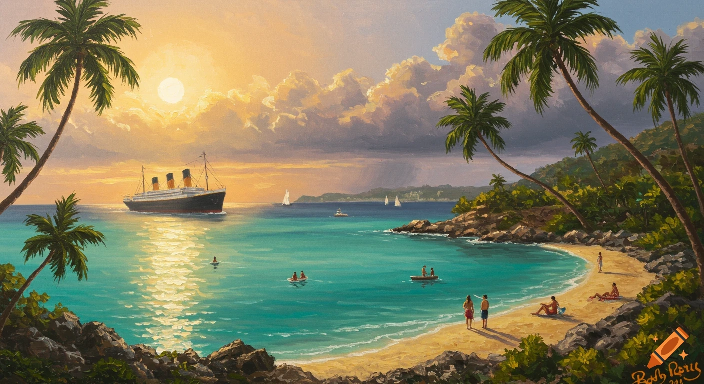 A vibrant painting of a tropical beach at sunset, with palm trees framing turquoise water, a large ship, and small figures relaxing on the sand.