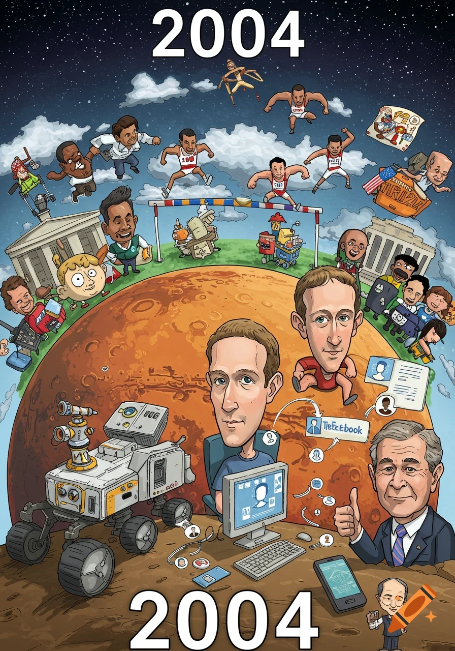 A colorful cartoon depicting events and figures from 2004, including Mark Zuckerberg, Mars Rover, George W. Bush, and Olympic athletes, with '2004' at the top and bottom.