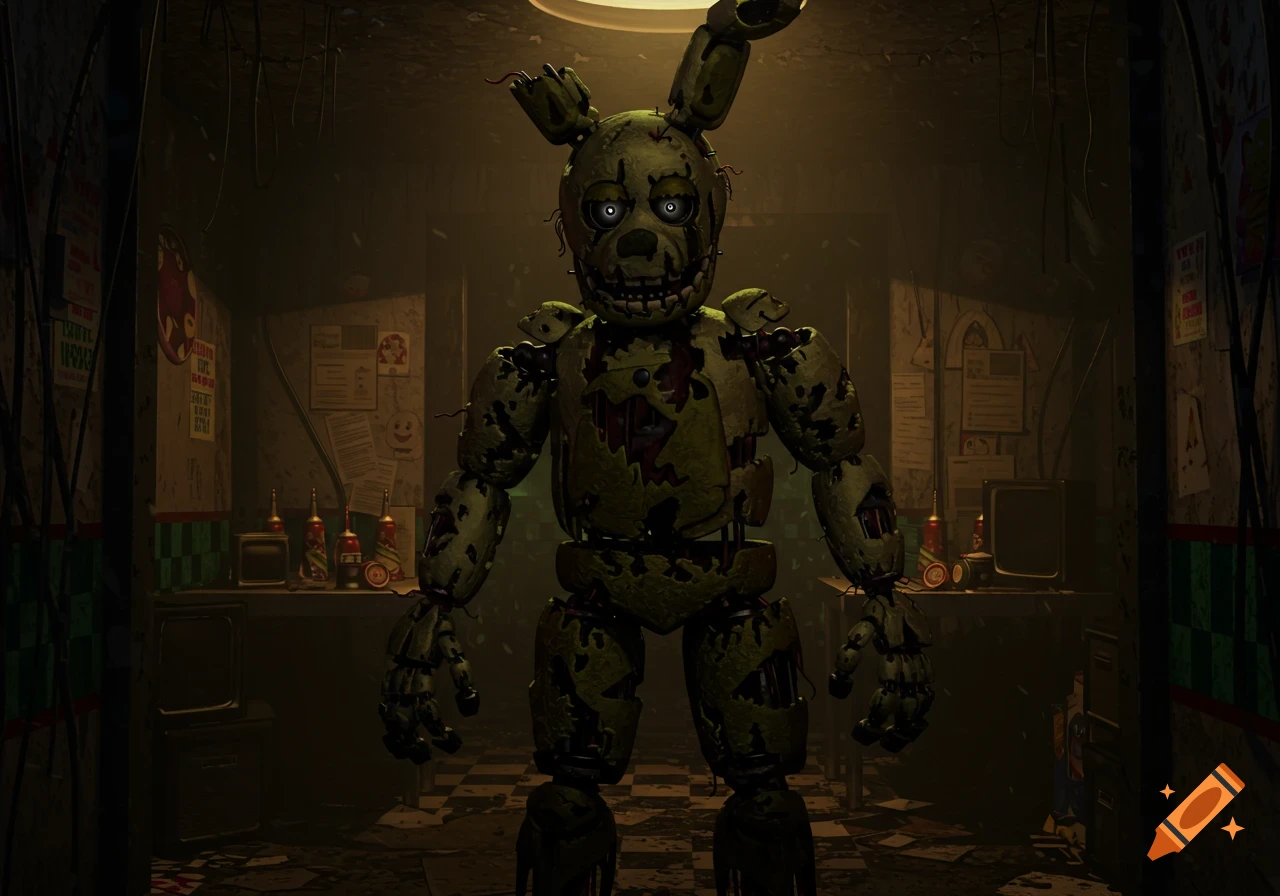 A terrifying, dilapidated green animatronic rabbit, Springtrap, stands in a dimly lit, rundown room from Five Nights at Freddy's 3.
