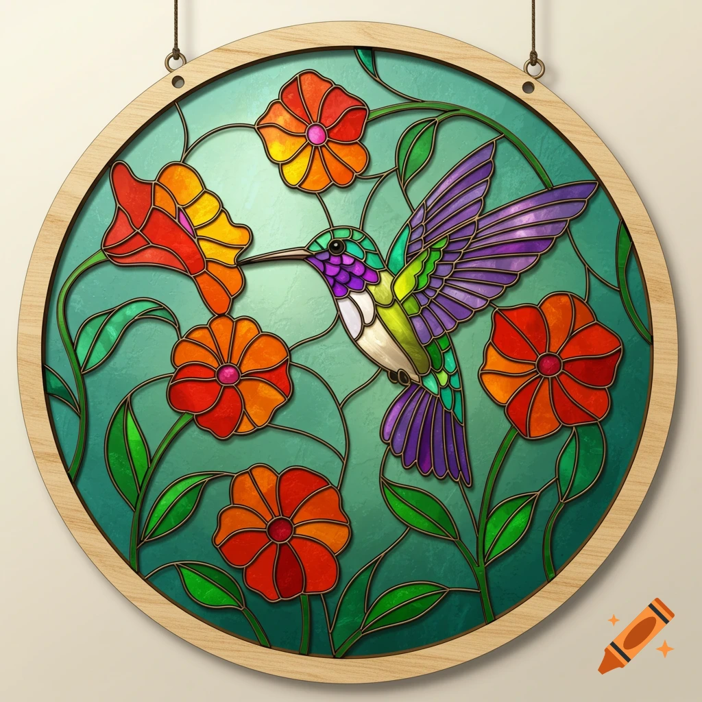 A circular stained-glass artwork of a vibrant hummingbird with purple wings feeding from an orange flower, framed in wood.