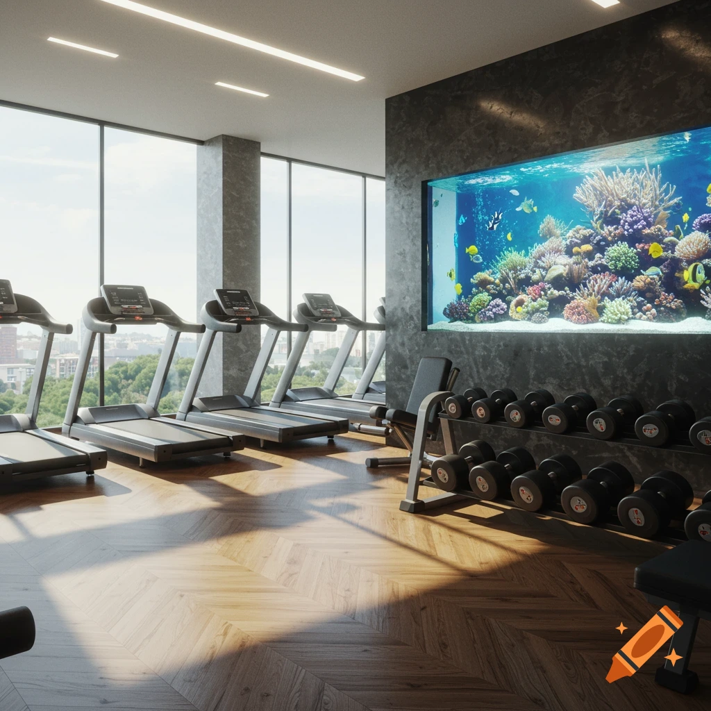 Photorealistic gym interior with treadmills, dumbbell rack, and a large aquarium featuring vibrant coral and fish.
