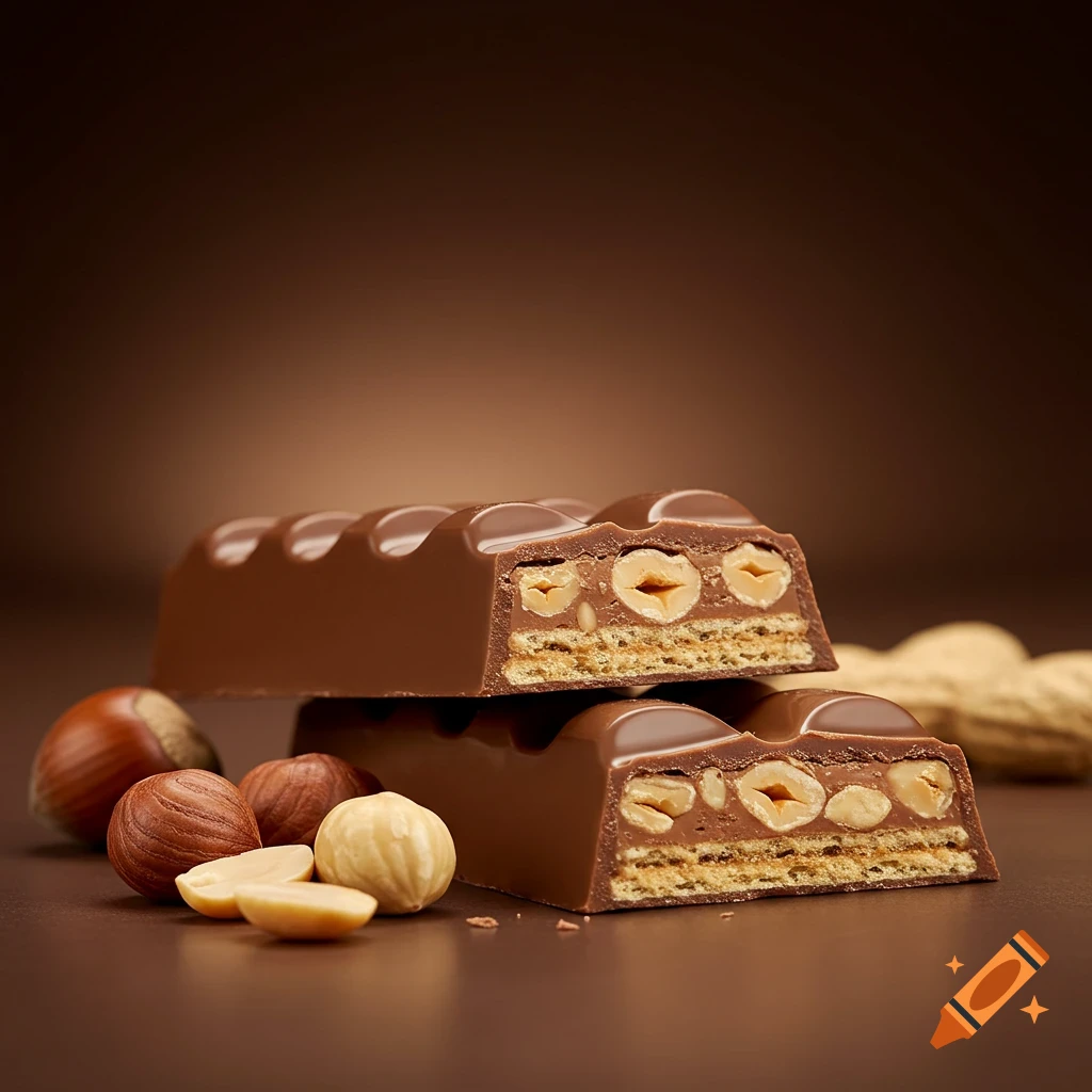 Two sliced chocolate bars revealing wafer, fudge, and hazelnuts, with whole and shelled nuts beside them on a brown background, photorealistic.