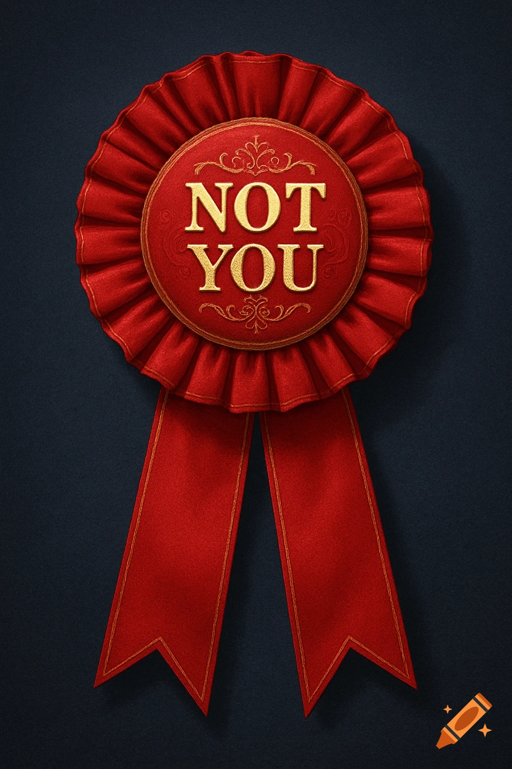 A detailed red award ribbon with gold trim and the words 'NOT YOU' embossed in gold on a dark textured background.