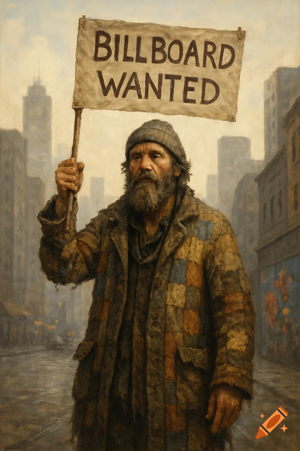 A bearded hobo in patchwork clothes holds a 'Billboard Wanted' sign on a city street, in an oil painting style.