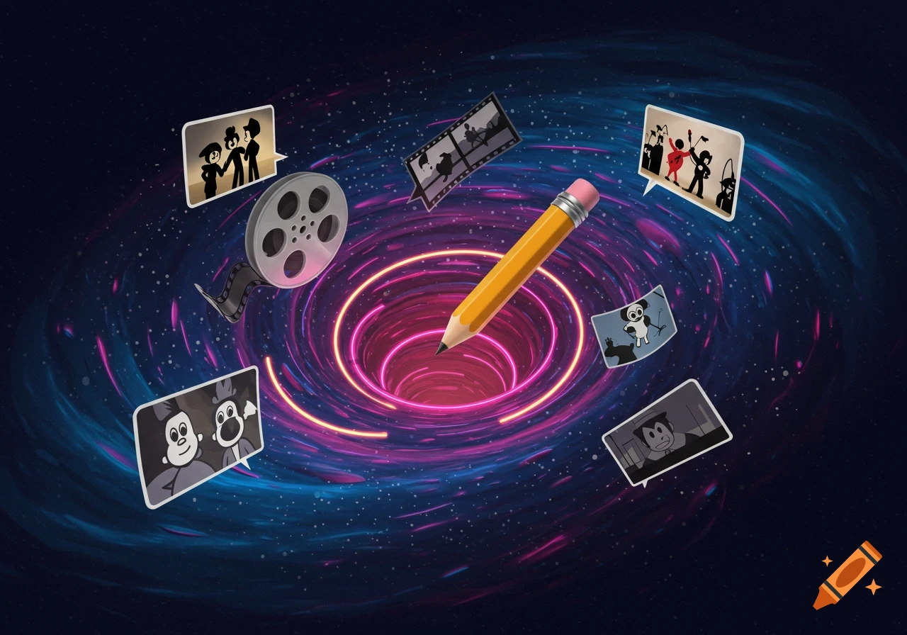 A glowing cosmic vortex with a yellow pencil, film reel, and cartoon frames featuring vintage black and white animation characters floating around it.