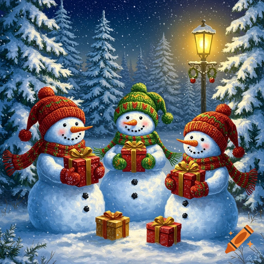 Three smiling snowmen in knitted hats and scarves hold Christmas ...