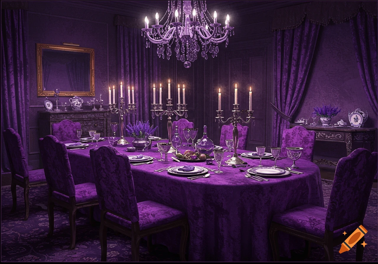 An opulent dining room set with a purple tablecloth, chairs, and drapes, featuring a chandelier and candelabras on the long table.