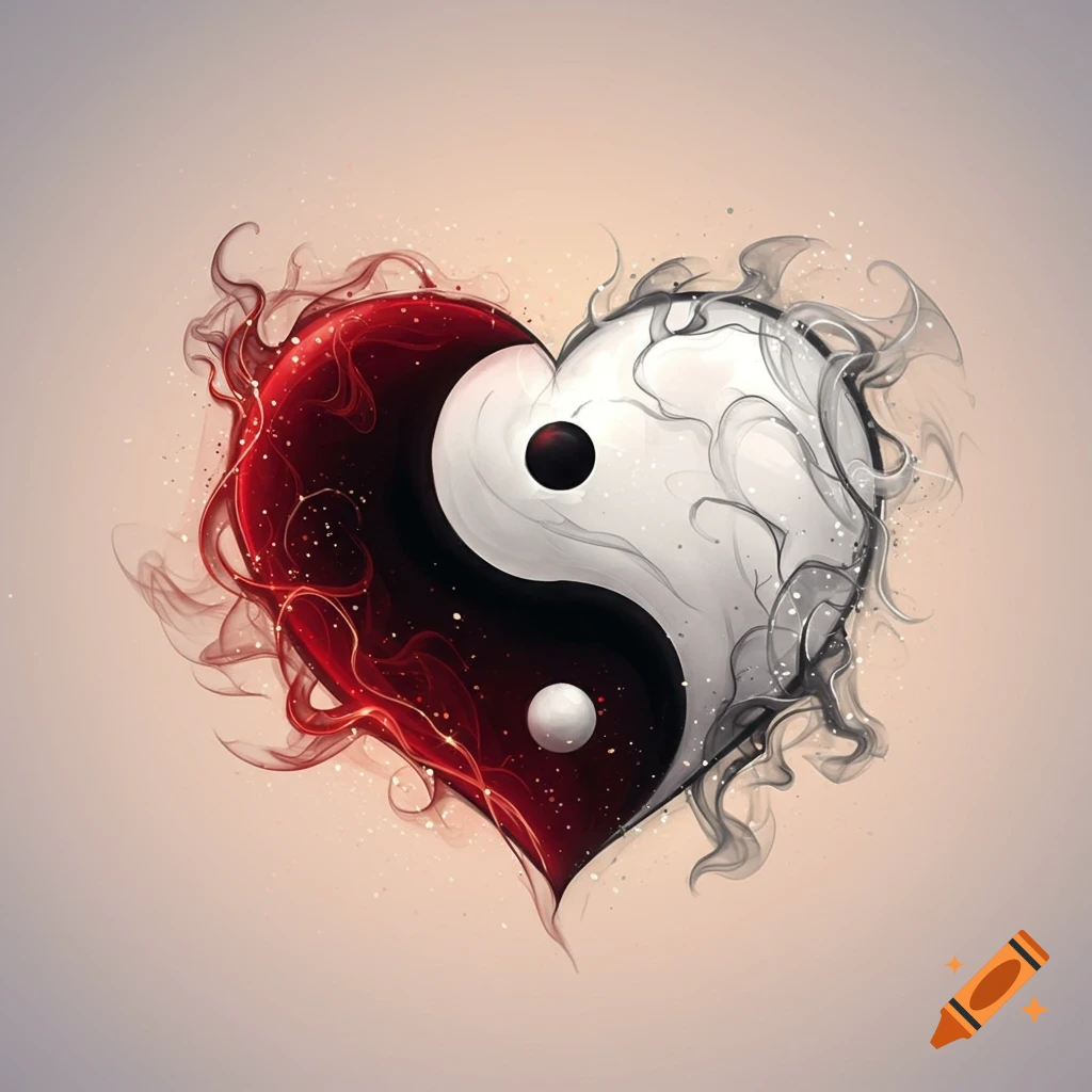 A stylized heart-shaped yin and yang symbol, with red and black smoke-like tendrils and sparkles.