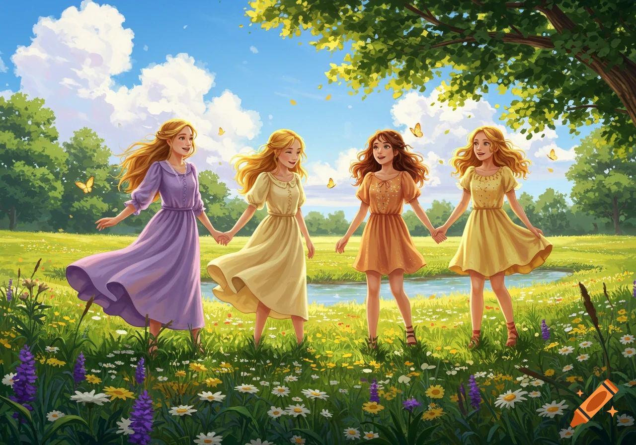 Four young girls in colorful dresses hold hands and walk through a sunny, flower-filled meadow with trees and a stream, in a cheerful illustration.