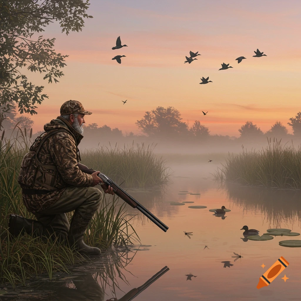 A man in camouflage kneels by a misty river with a shotgun, looking at ducks flying at sunrise.