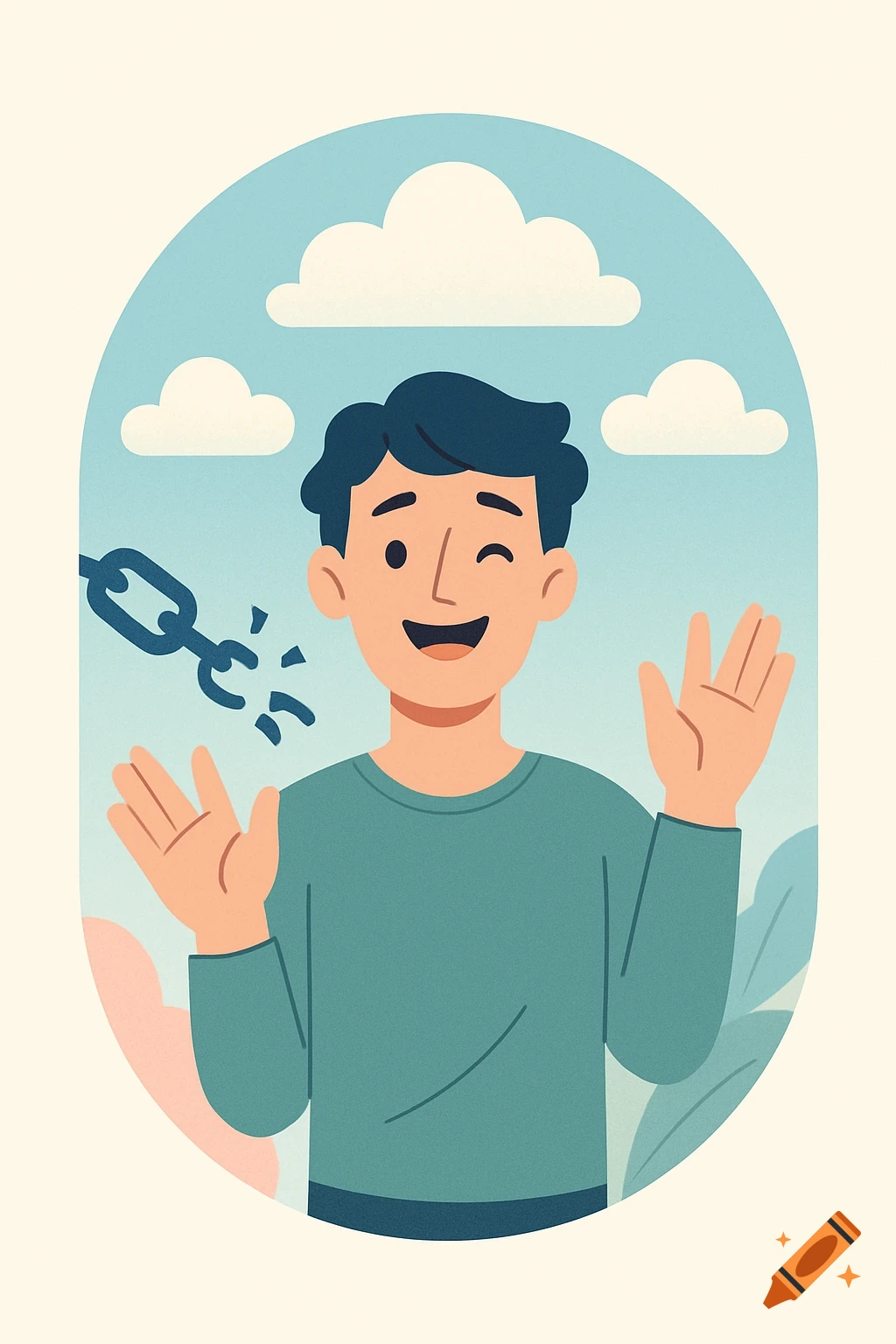 A cheerful cartoon man winks and smiles with open hands next to a broken chain against a blue sky with clouds.