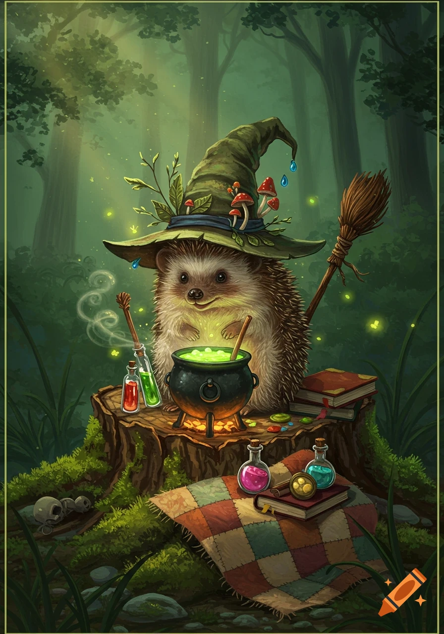 A cute hedgehog witch in a pointed hat brews a glowing green potion on a mossy stump in a magical forest.