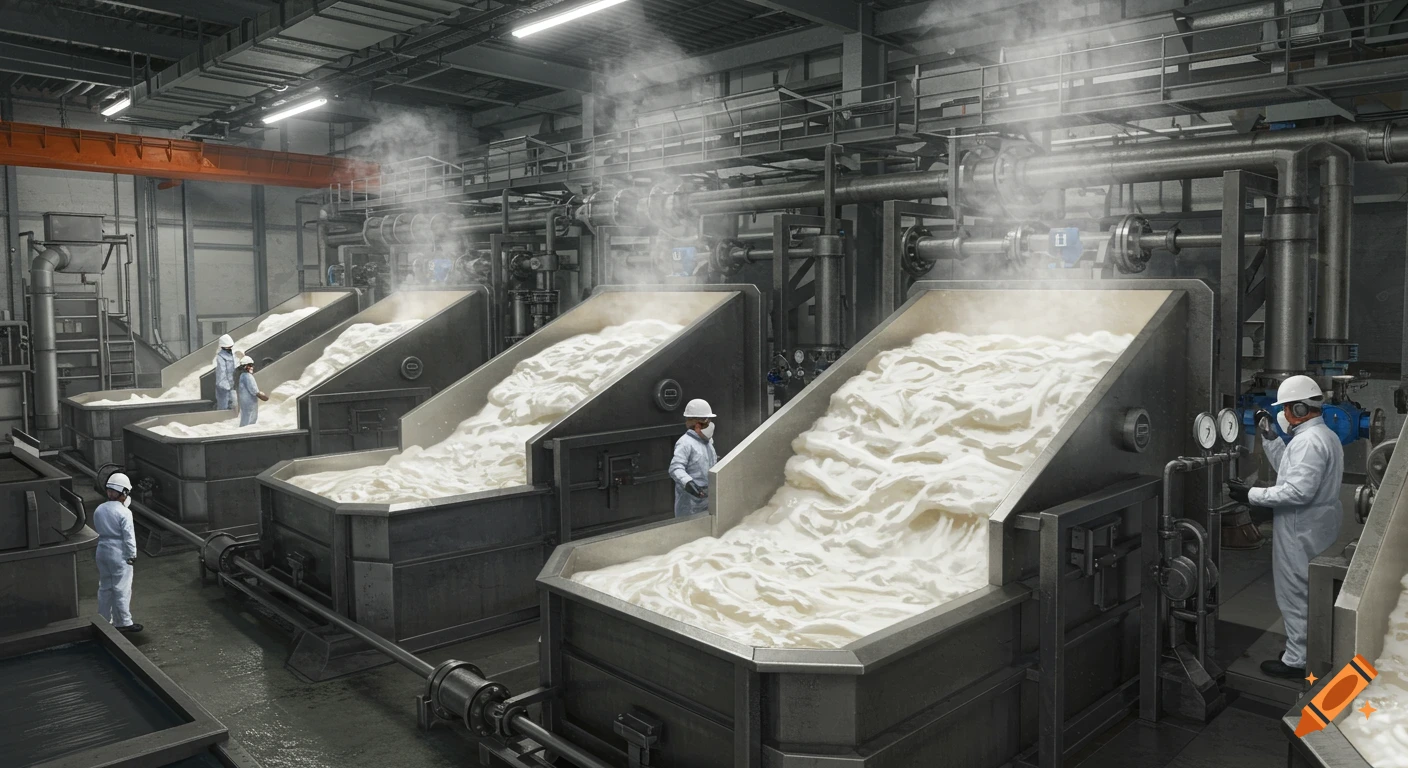 Workers in a modern, ultra-realistic factory with large stainless steel tanks, white pulp, steam, and bright industrial lighting.