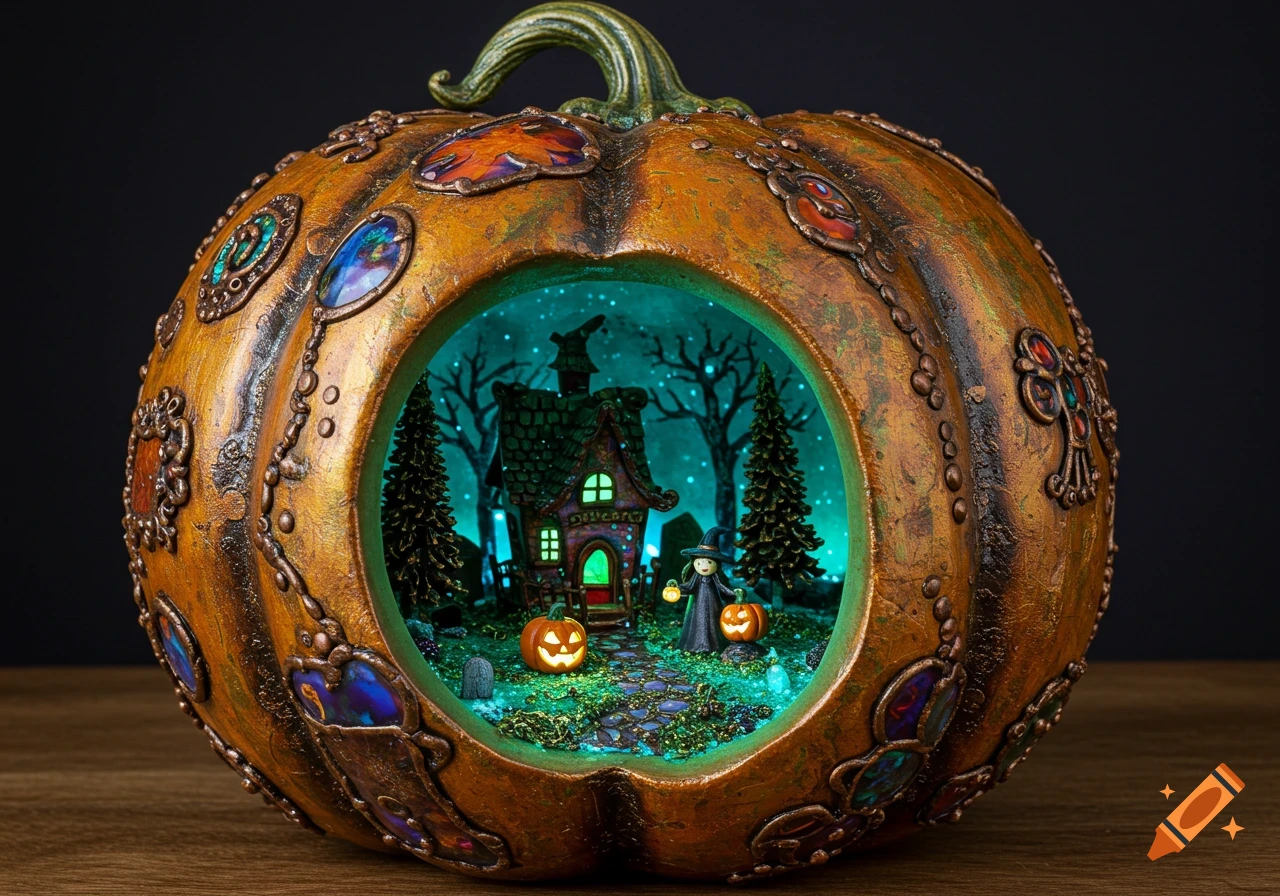 A surreal, whimsical Halloween art piece: a carved pumpkin containing a glowing miniature world with a witch, house, and jack-o'-lanterns.