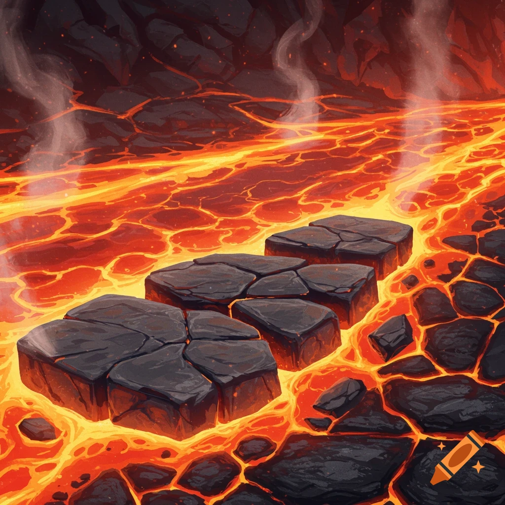 A dark, fiery landscape with rivers of bright orange lava flowing around dark, cracked stepping stones. Smoke rises in the background.
