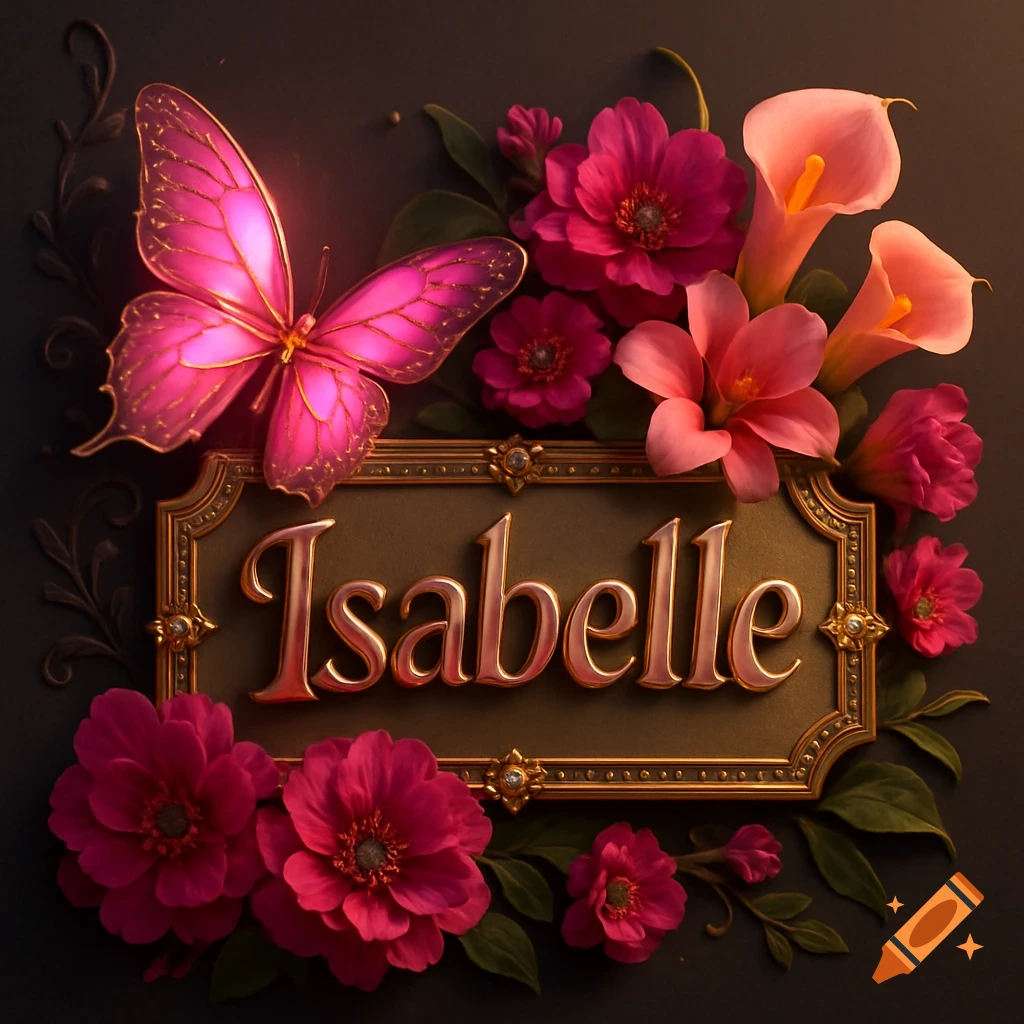 A luxurious 3D rendering of the name Isabelle in rose gold on an ornate gold plaque, surrounded by pink flowers and a glowing butterfly.