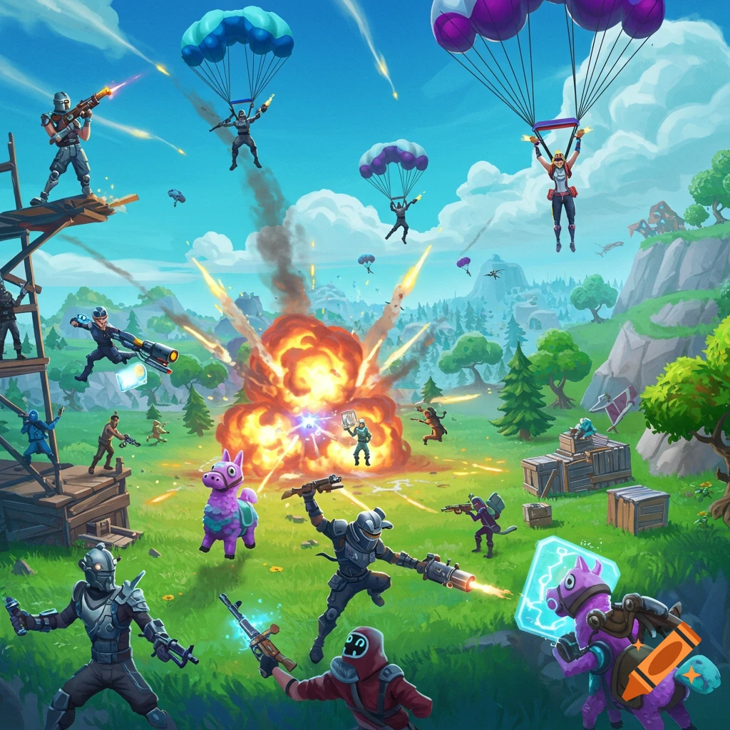 Vibrant cartoon battle scene with multiple Fortnite-style characters fighting, parachuting, and an explosion in a grassy landscape.
