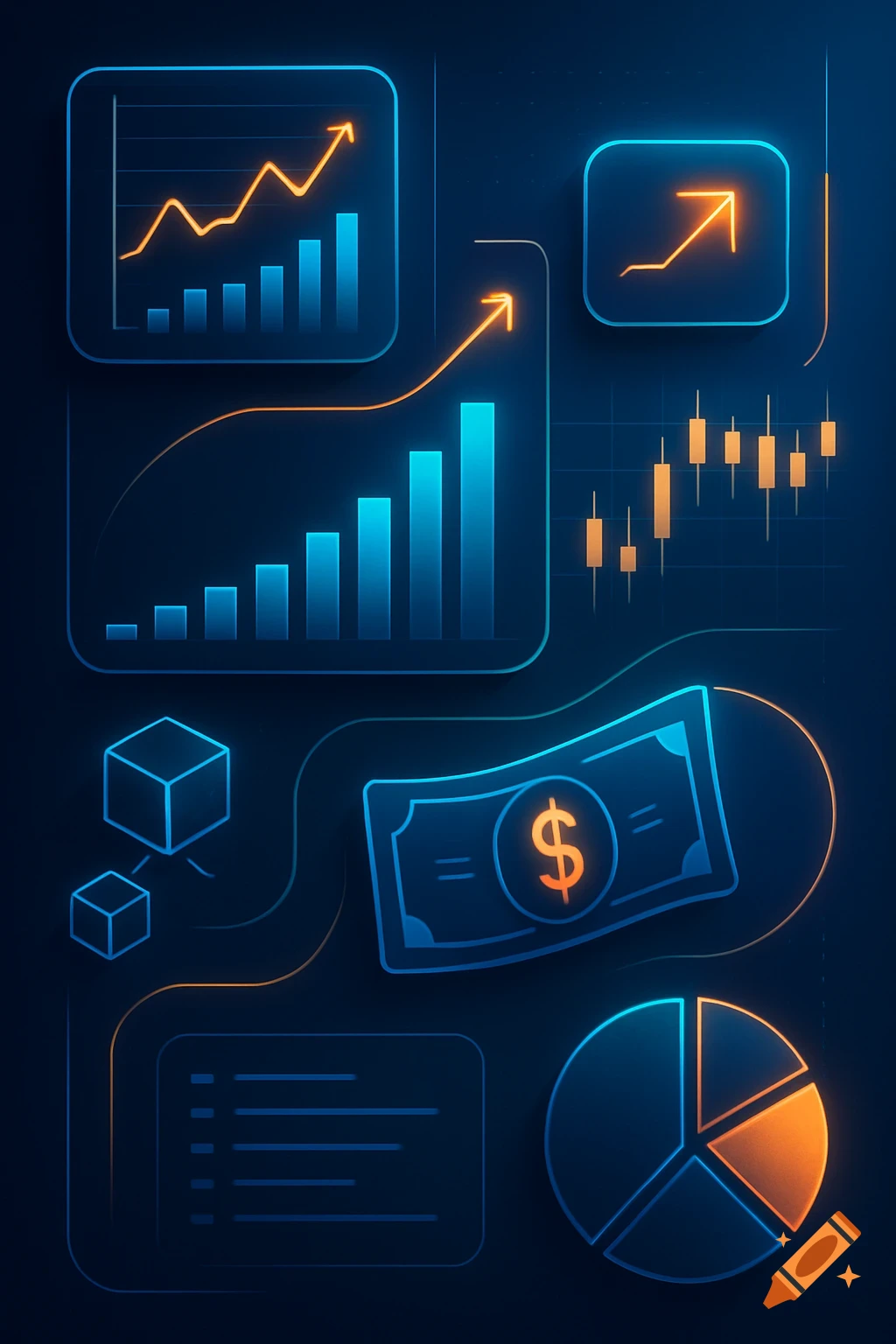 A dark blue techy poster with glowing blue and orange financial charts, graphs, a dollar bill, and data visualization elements.