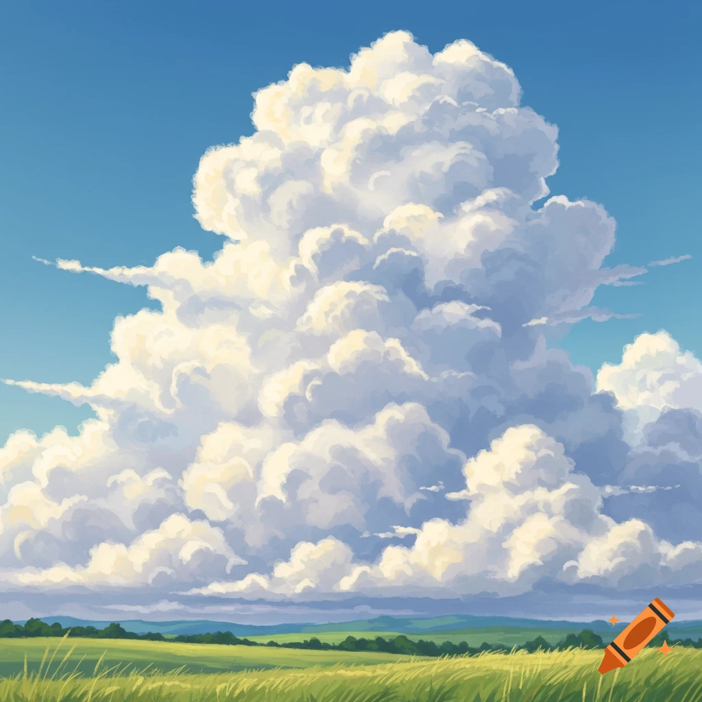 A vast, fluffy white cumulonimbus cloud dominates a bright blue sky above a vibrant green field in an anime-style illustration.
