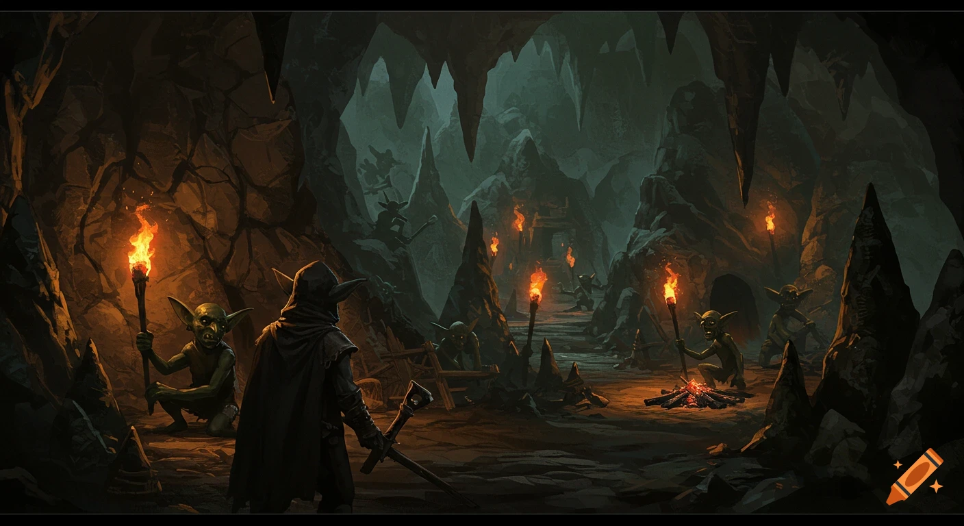 A cloaked figure spies on a group of green-skinned goblins in a torch-lit dark cave filled with stalactites and stalagmites.