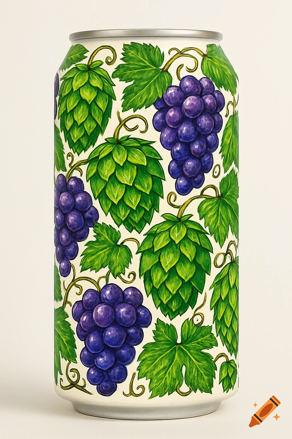 A white craft beer can adorned with an all-over print of vibrant green hops and purple grape vines.