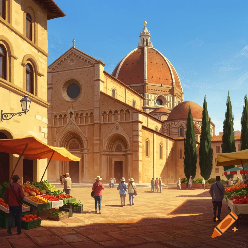 A vibrant digital painting shows a bustling market square in an Italian city, with a large cathedral and dome in the background under a clear blue sky.