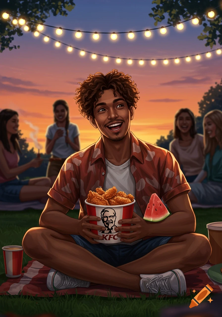 Illustrated mixed-race guy at a sunset picnic, smiling and holding a KFC bucket and watermelon, with friends in the background.