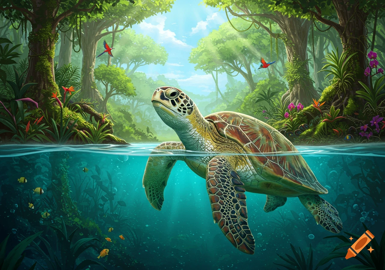 A sea turtle swims with its head above the clear water surface, while below and around it, a lush rainforest jungle is visible.