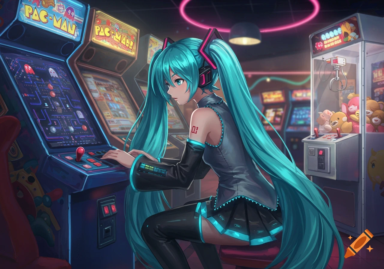 Hatsune Miku with long teal pigtails playing a Pac-Man arcade game in a neon-lit arcade, anime style.