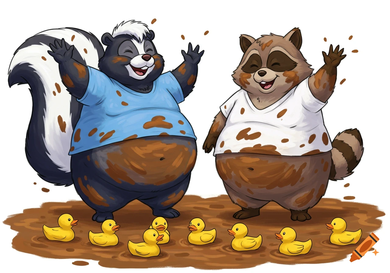 A cartoon skunk and raccoon, both fat and muddy, laugh and wave while standing in mud with yellow rubber duckies.