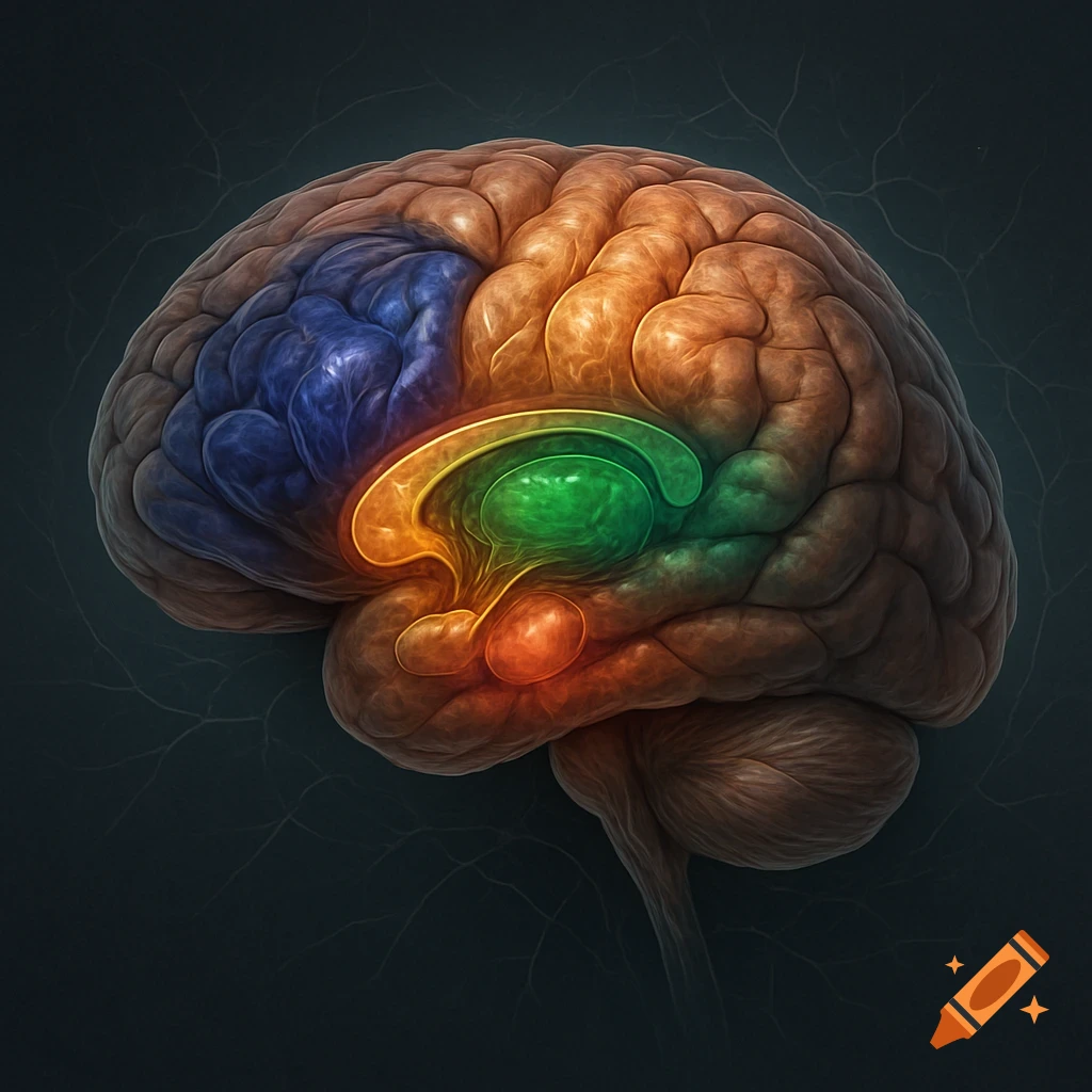 Detailed 3D render of a human brain with regions highlighted in blue, green, orange, and red on a dark background.