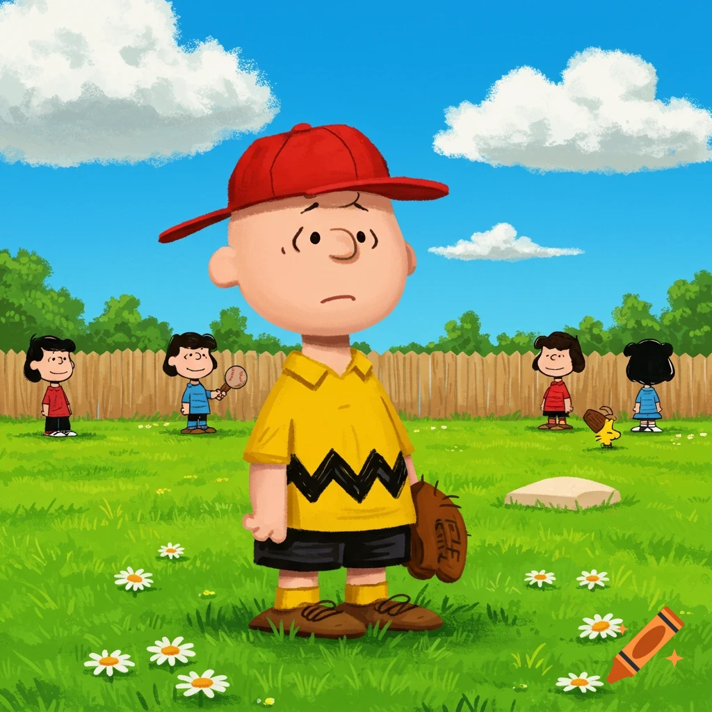 Charlie Brown in a red baseball cap and yellow shirt, holding a glove, stands in a grassy field with other Peanuts characters.