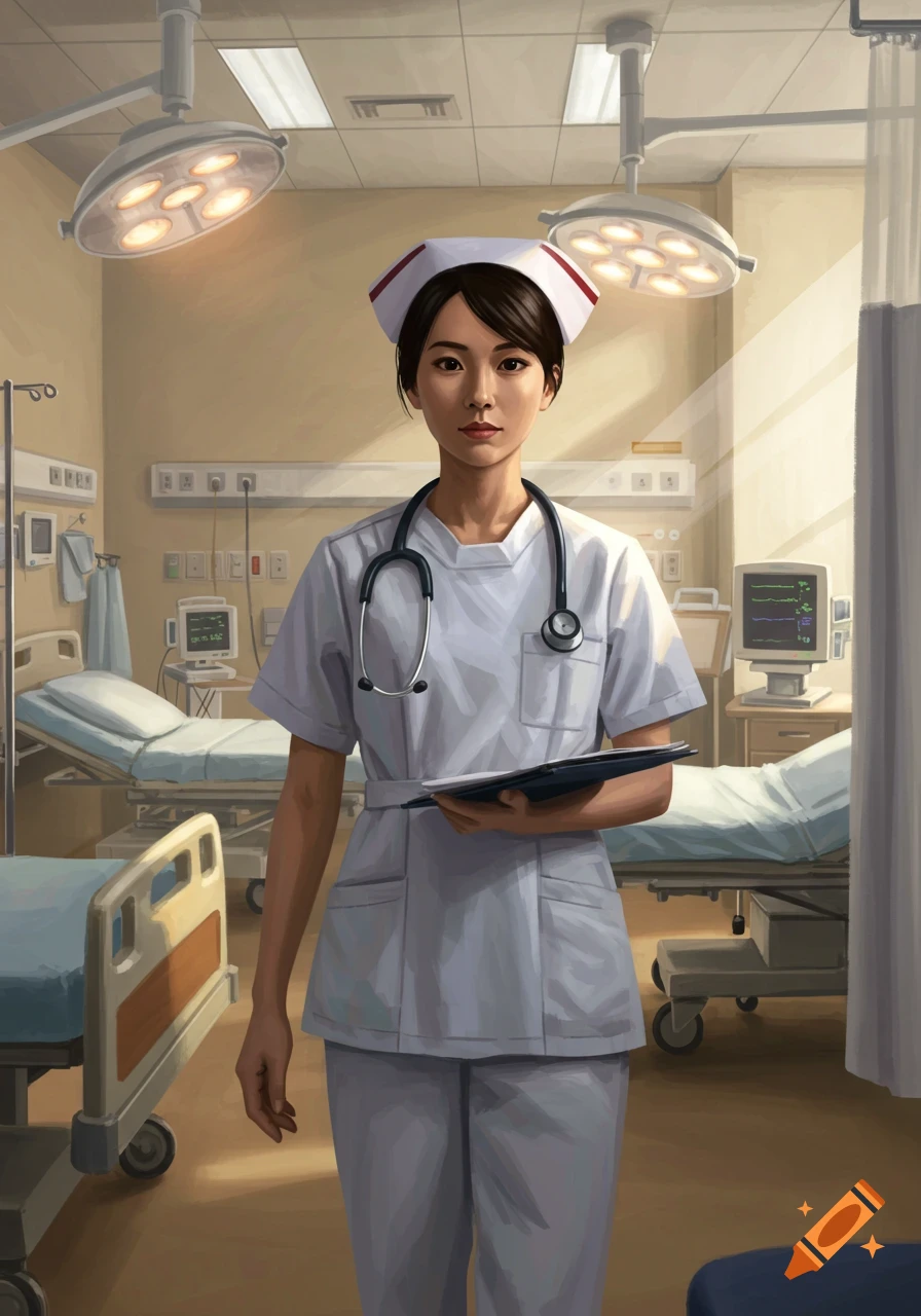 A serious-looking nurse in a white uniform with a stethoscope and clipboard stands in a hospital room with beds and medical equipment.