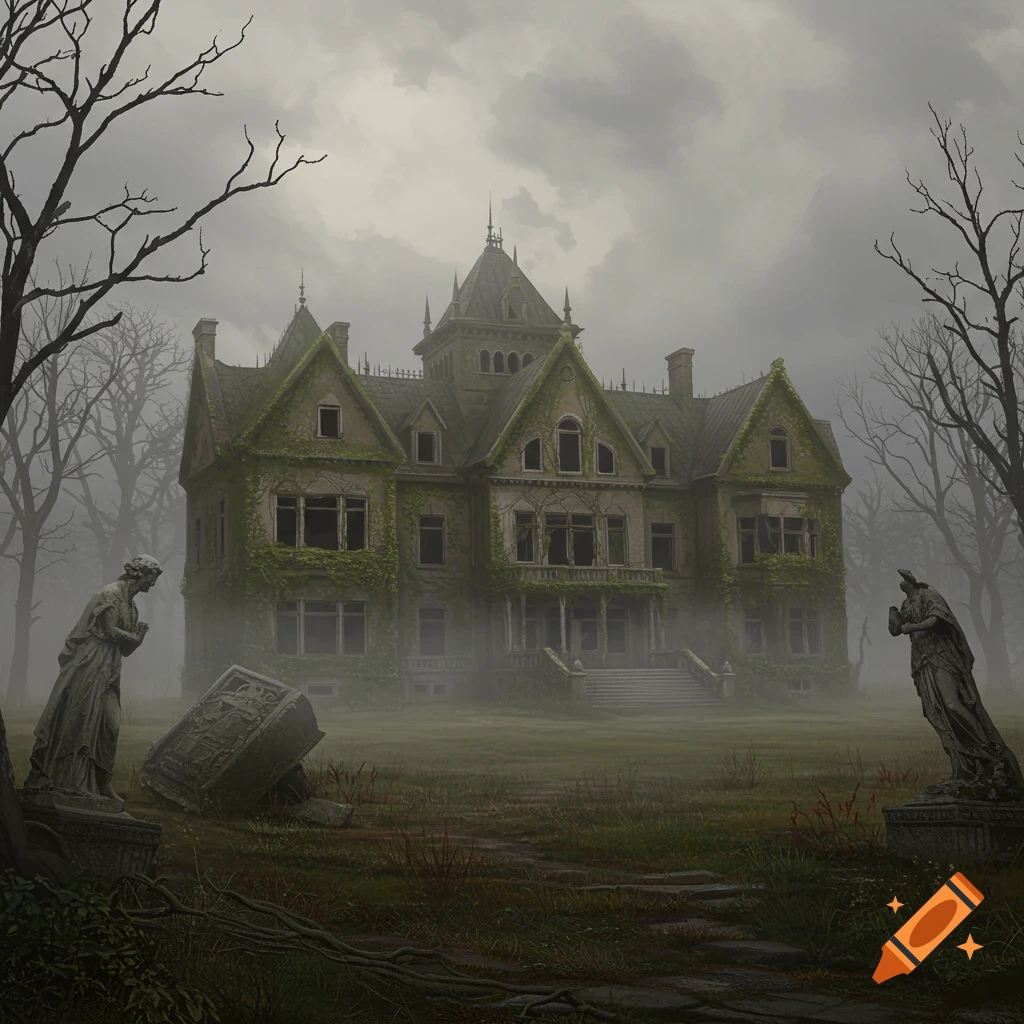 A dilapidated, vine-covered gothic mansion stands in a foggy landscape with bare trees and weathered statues.