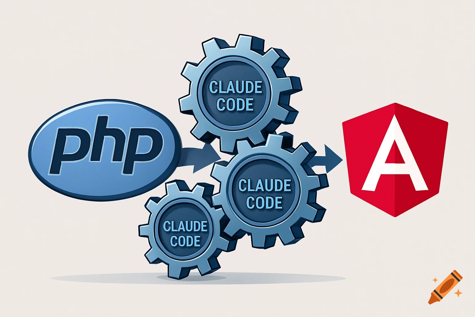 A graphic illustration showing the PHP logo feeding into three gears labeled "CLAUDE CODE," which then output the Angular logo.