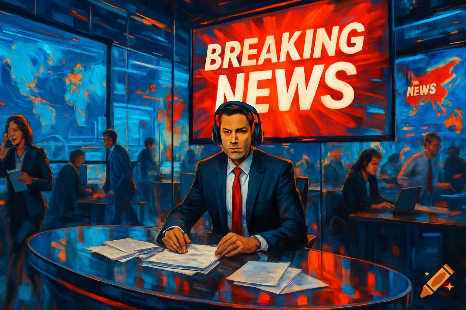 A male newscaster in a suit and headphones sits at a desk in a news studio with 'BREAKING NEWS' on a large screen behind him. Stylized art.