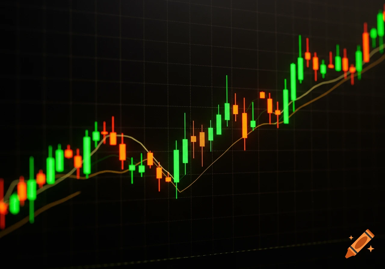 A close-up of a digital candlestick chart on a black background, showing green and red candles and yellow moving average lines.