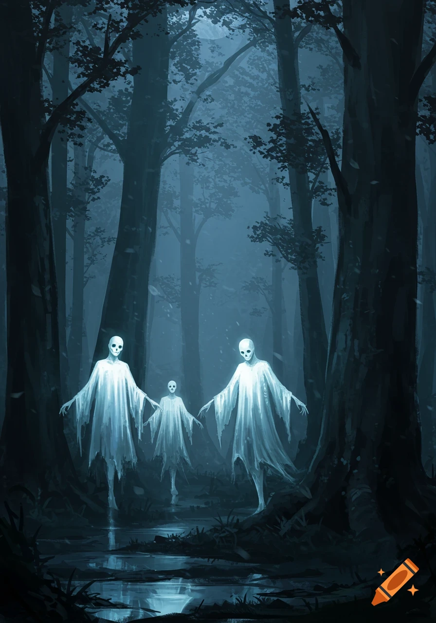 Three glowing white ghosts with dark eye sockets float through a dark, misty forest with tall trees and reflective puddles.