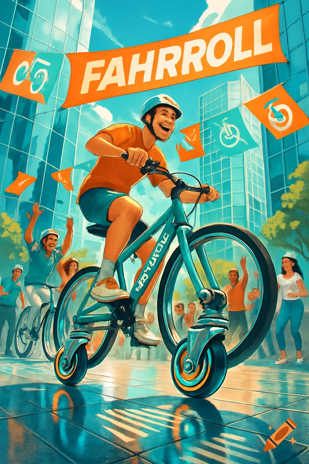 A vibrant illustration of a man joyfully riding a teal bike with castors, not wheels, down a city street, under a banner reading "FAHRROLL" as people cheer in the background.