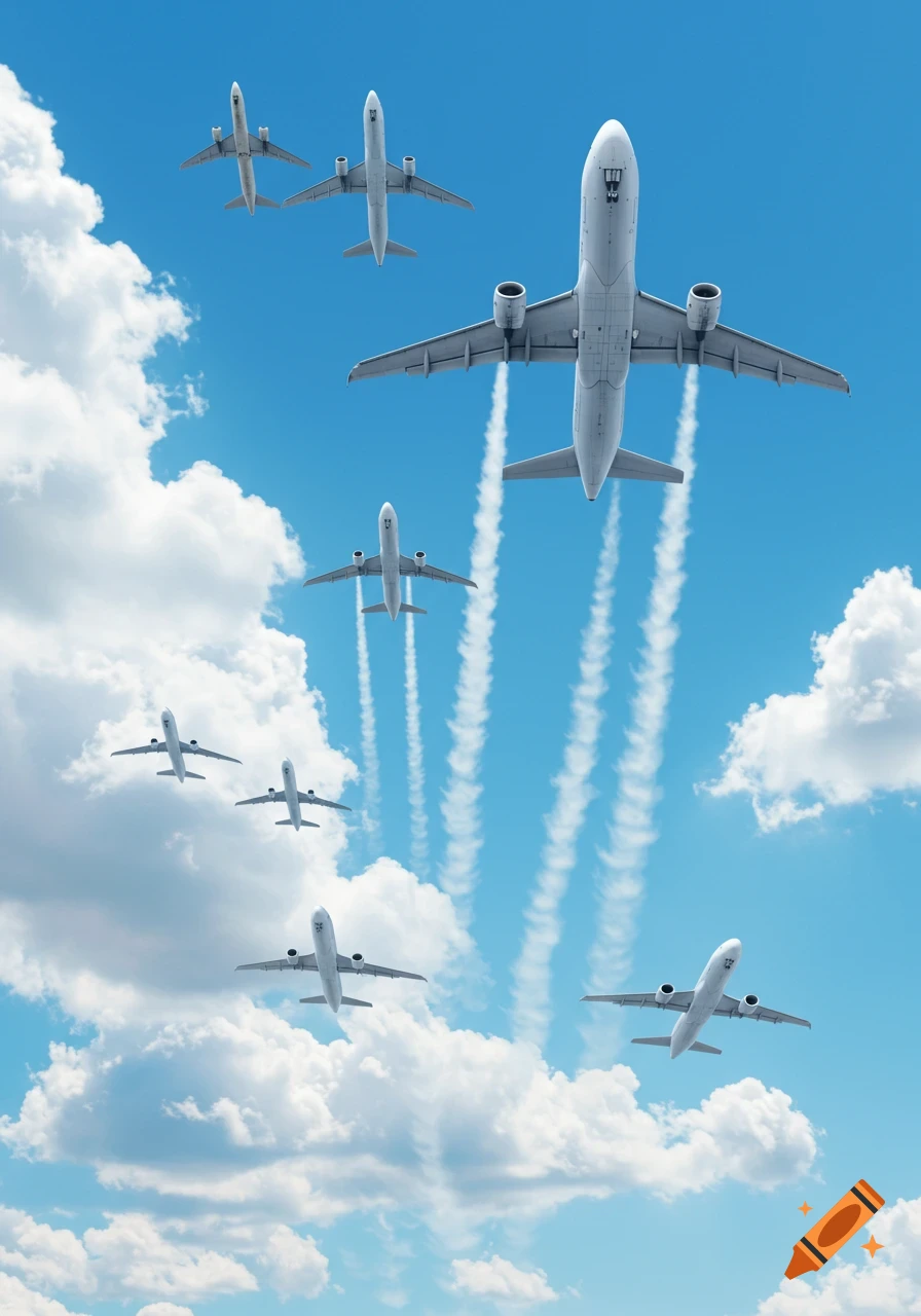 Several white airliners fly in formation across a bright blue sky with scattered white clouds, leaving long contrails behind them.