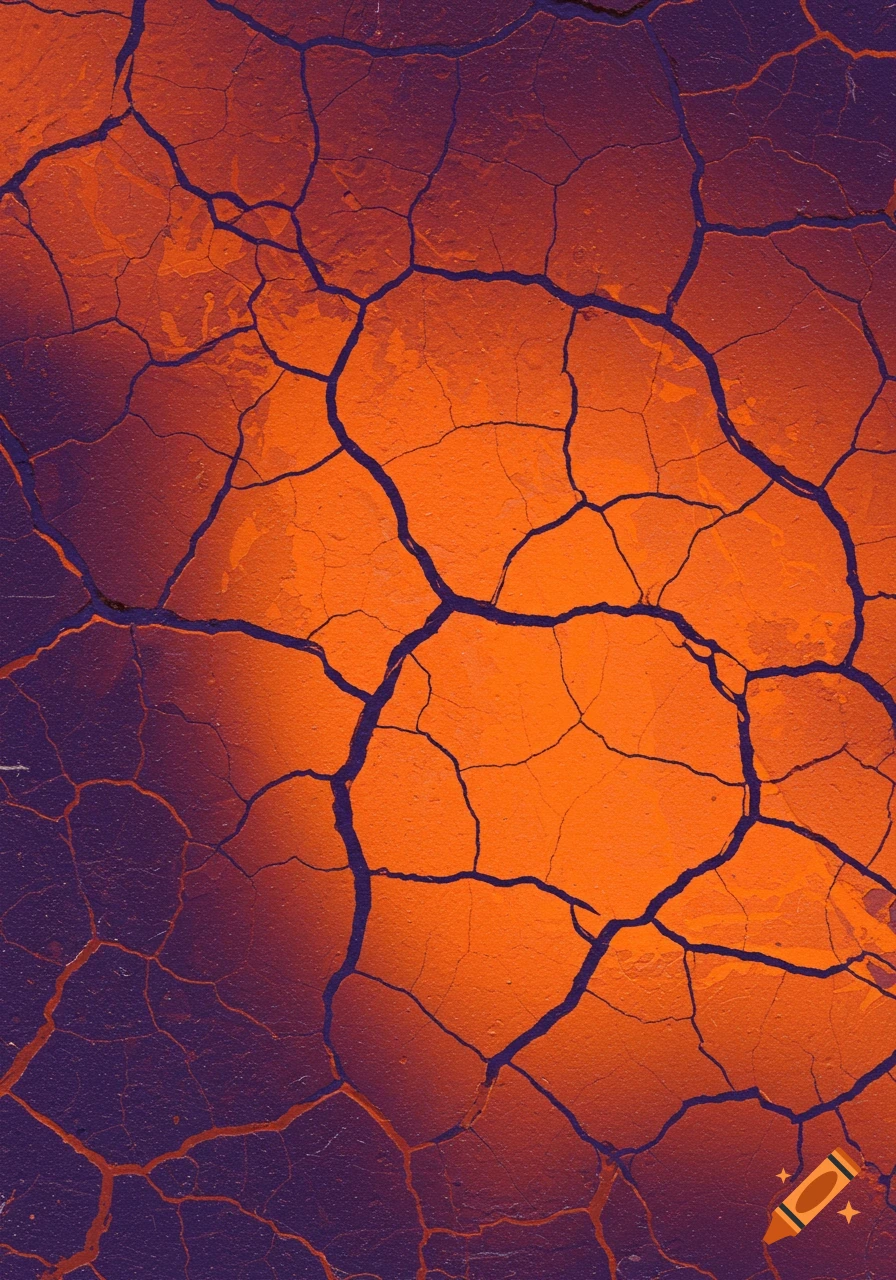 An abstract close-up of a surface with deep cracks, showing an orange color blending into purple with a gradient effect.