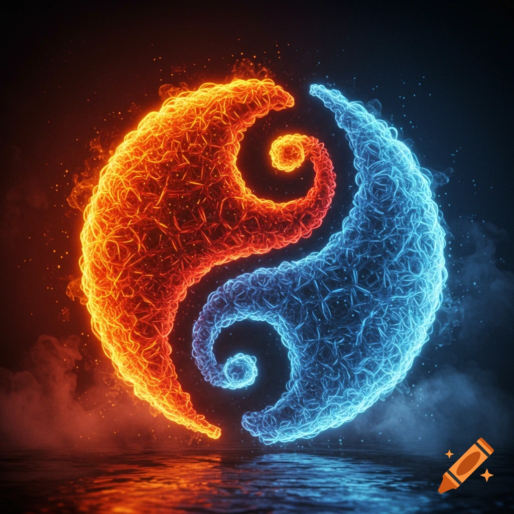 A vibrant Yin Yang symbol, with one half made of fiery orange particles and the other of icy blue particles, reflected on a dark, wet surface.
