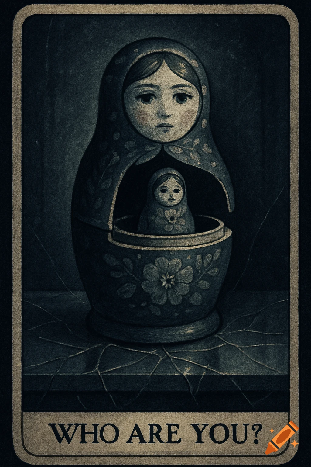 Dark retro illustration of a matryoshka doll revealing a smaller doll inside, on a cracked surface with the text "WHO ARE YOU?" on a banner.