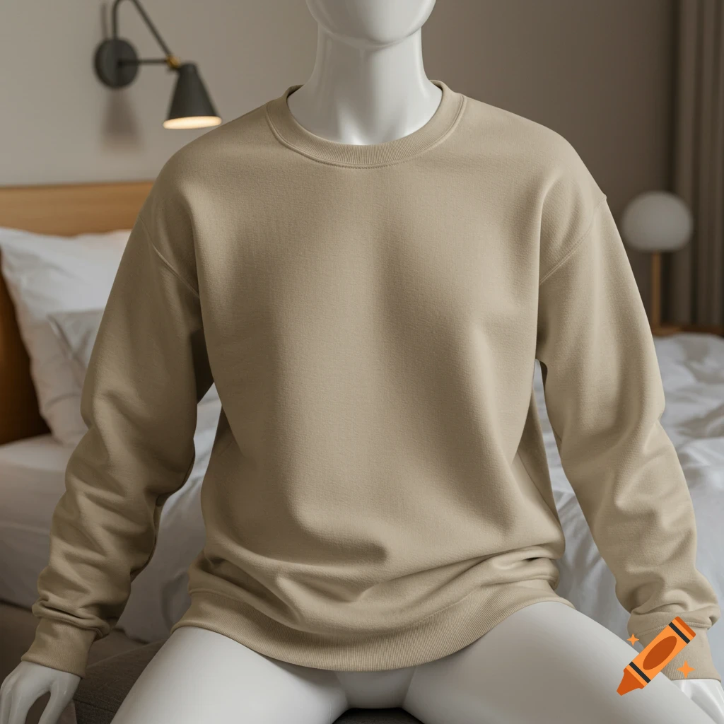 A beige crewneck sweatshirt on a mannequin seated in a softly lit bedroom, ideal for mockup.